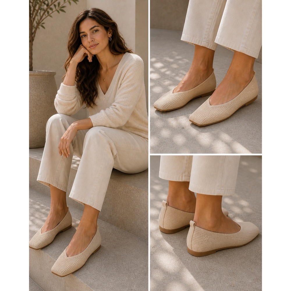 Women's Cream Knit Ballet Flats
